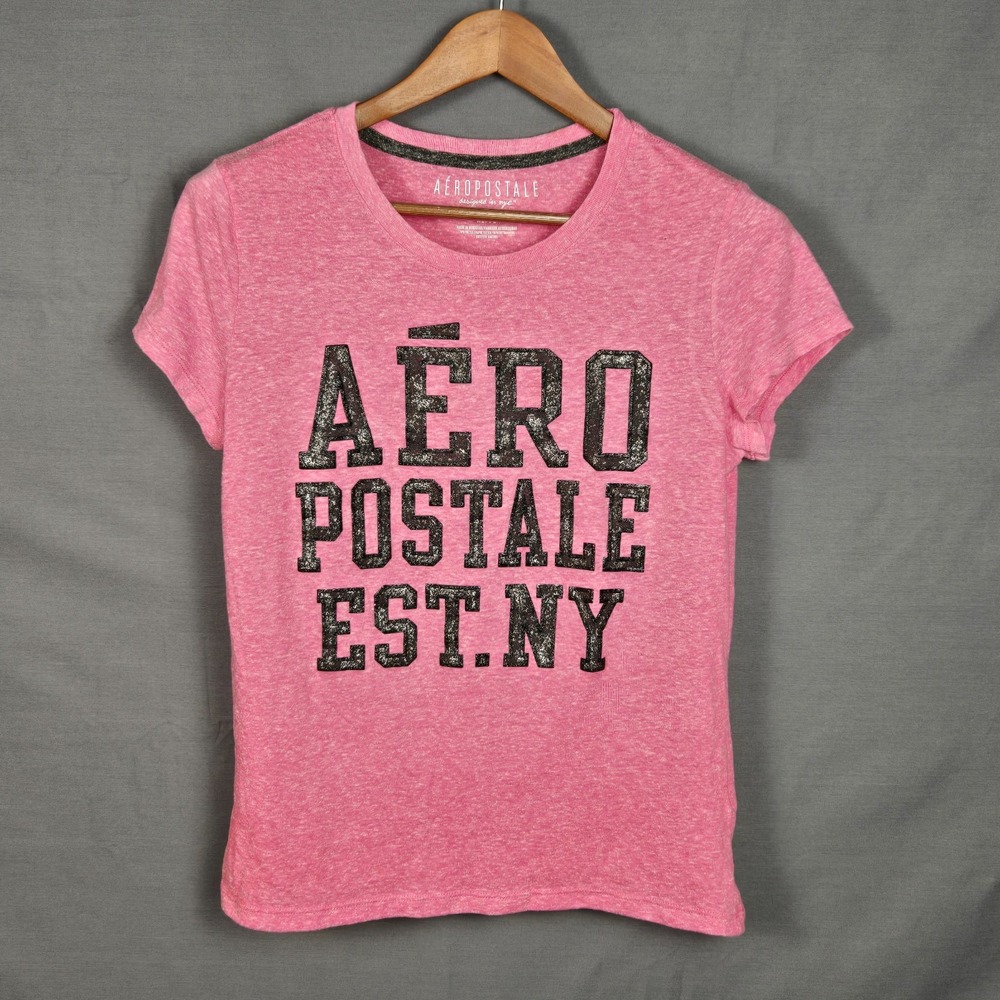 Aeropostale Women's XL Pink Glitter Logo Graphic Tee Casual Y2K Style